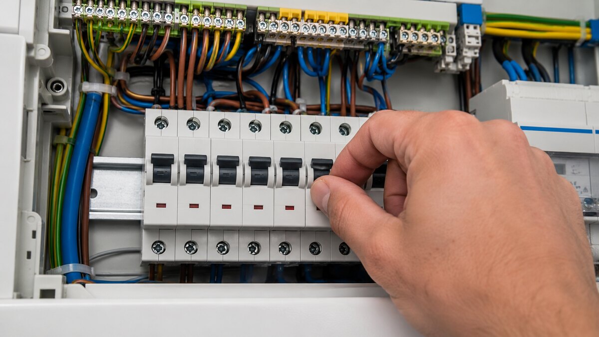 Close-up van een differentieelschakelaar die wordt ingesteld in een zekeringkast