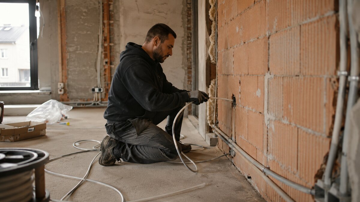 Elektricien legt elektrische bekabeling aan tijdens renovatie in Antwerpen