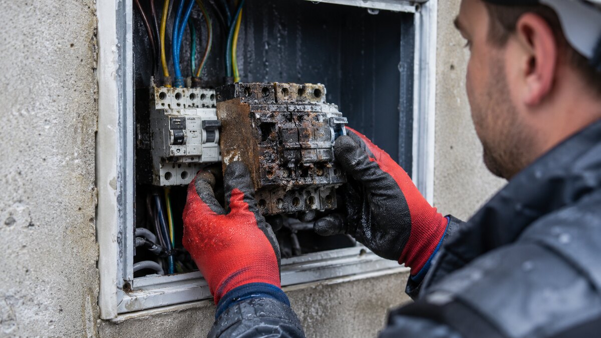 Elektricien herstelt een brandschade-installatie met beschermende handschoenen