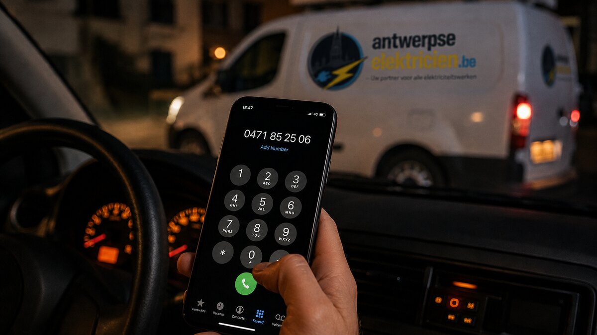 Klant belt 24/7 spoedservice van antwerpseelektricien.be in de avond