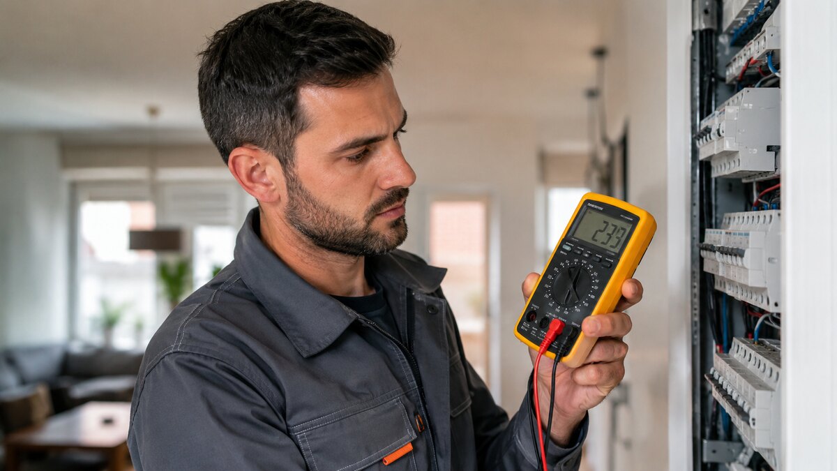 Elektricien meet spanning met een multimeter bij een stroomstoring in Antwerpen