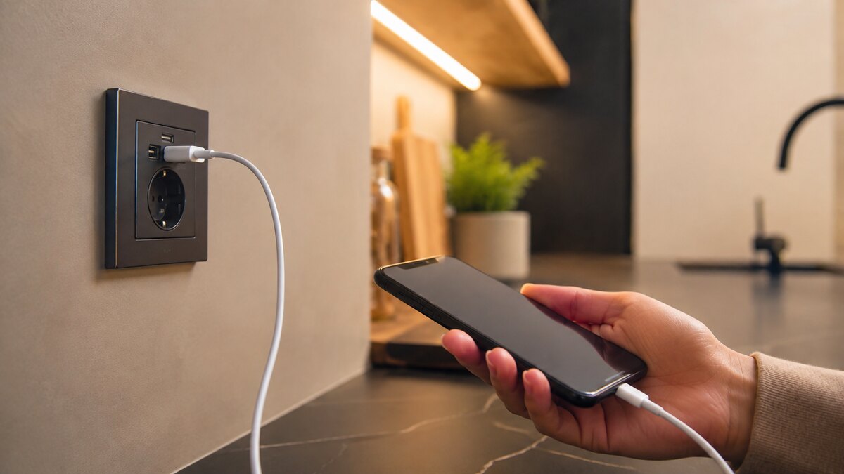 Smartphone opladen via een USB-stopcontact in een moderne keuken
