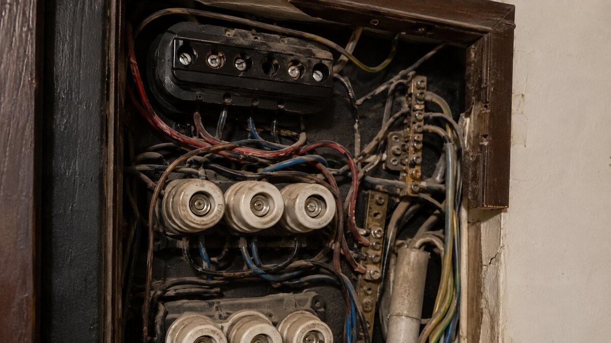 Oude, versleten bekabeling in een verouderde zekeringkast vóór vervanging