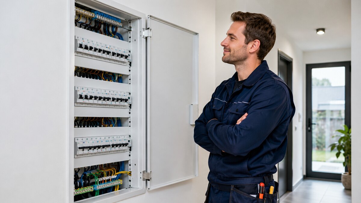 Elektricien controleert een pas geplaatste zekeringkast in een woning in Antwerpen