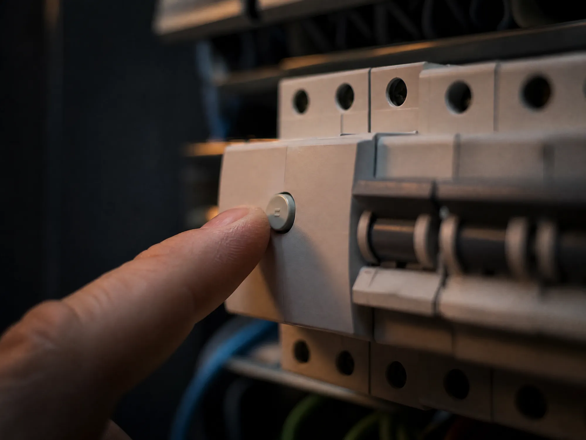 Vinger drukt op de testknop van een differentieelschakelaar in een zekeringkast