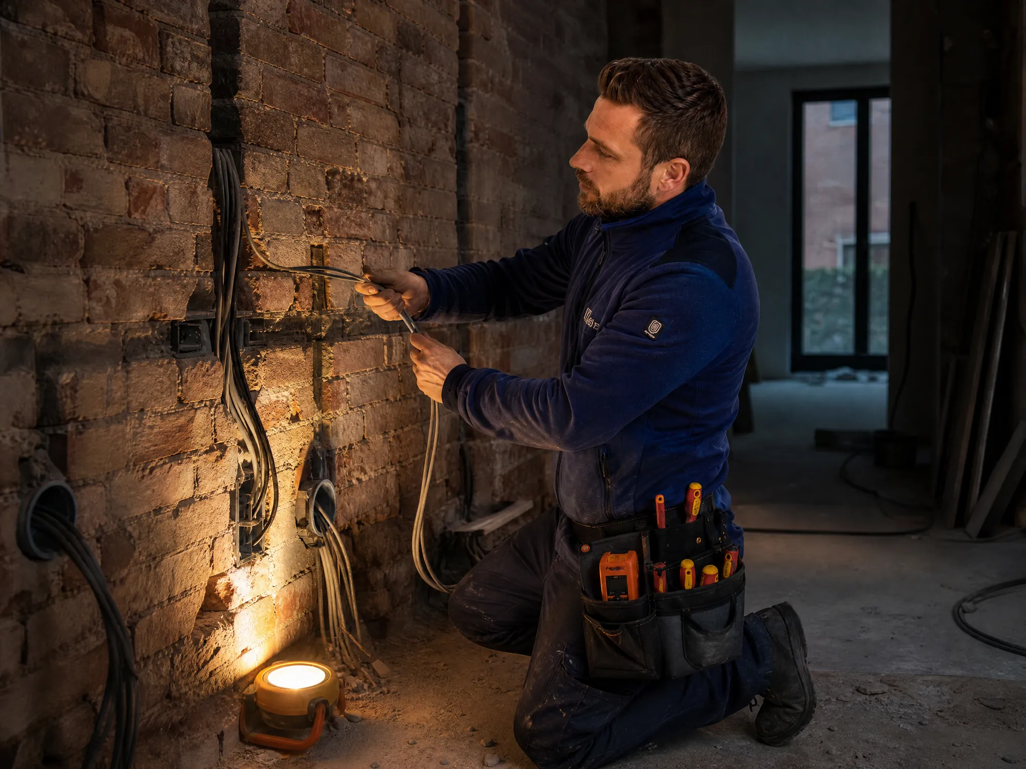 Elektricien trekt nieuwe kabels door gefreesde sleuven in een bakstenen muur tijdens de renovatie van een Antwerps herenhuis