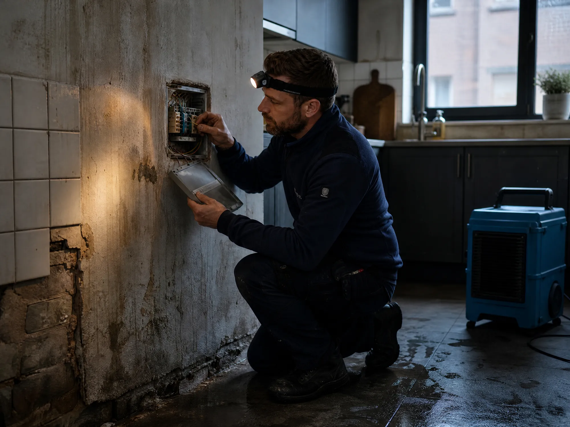 Elektricien met hoofdlamp controleert een aftakdoos in een keuken met waterschade