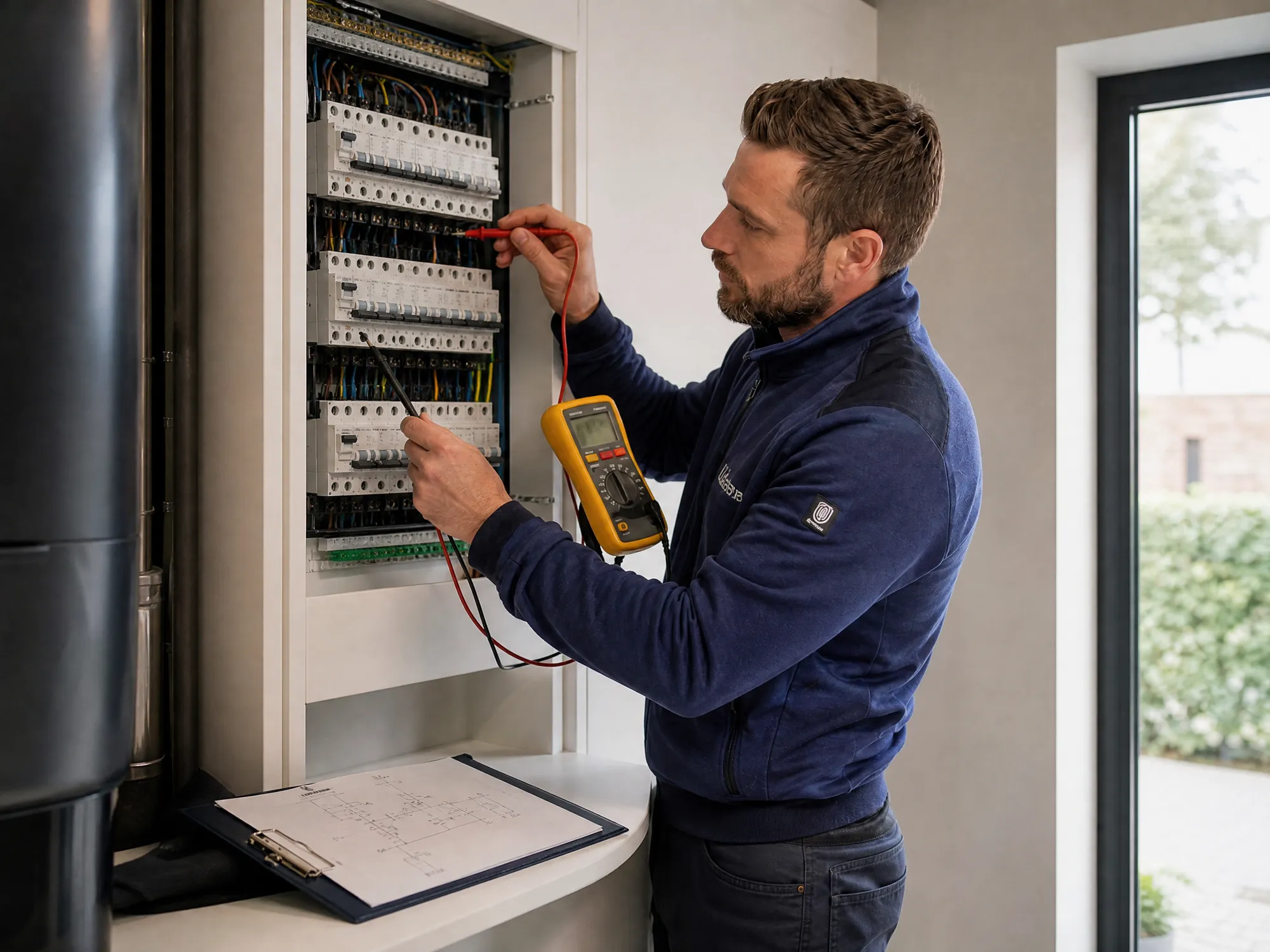 Elektricien meet de isolatieweerstand aan een afgewerkte zekeringkast, met het eendraadschema ernaast