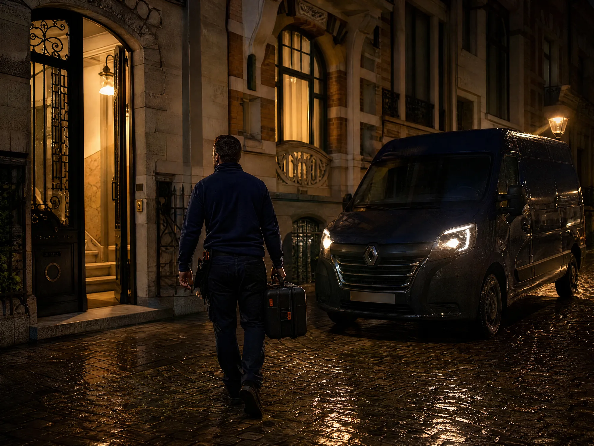 Elektricien stapt 's avonds met zijn gereedschapskoffer naar een woning in Zurenborg voor een spoedinterventie