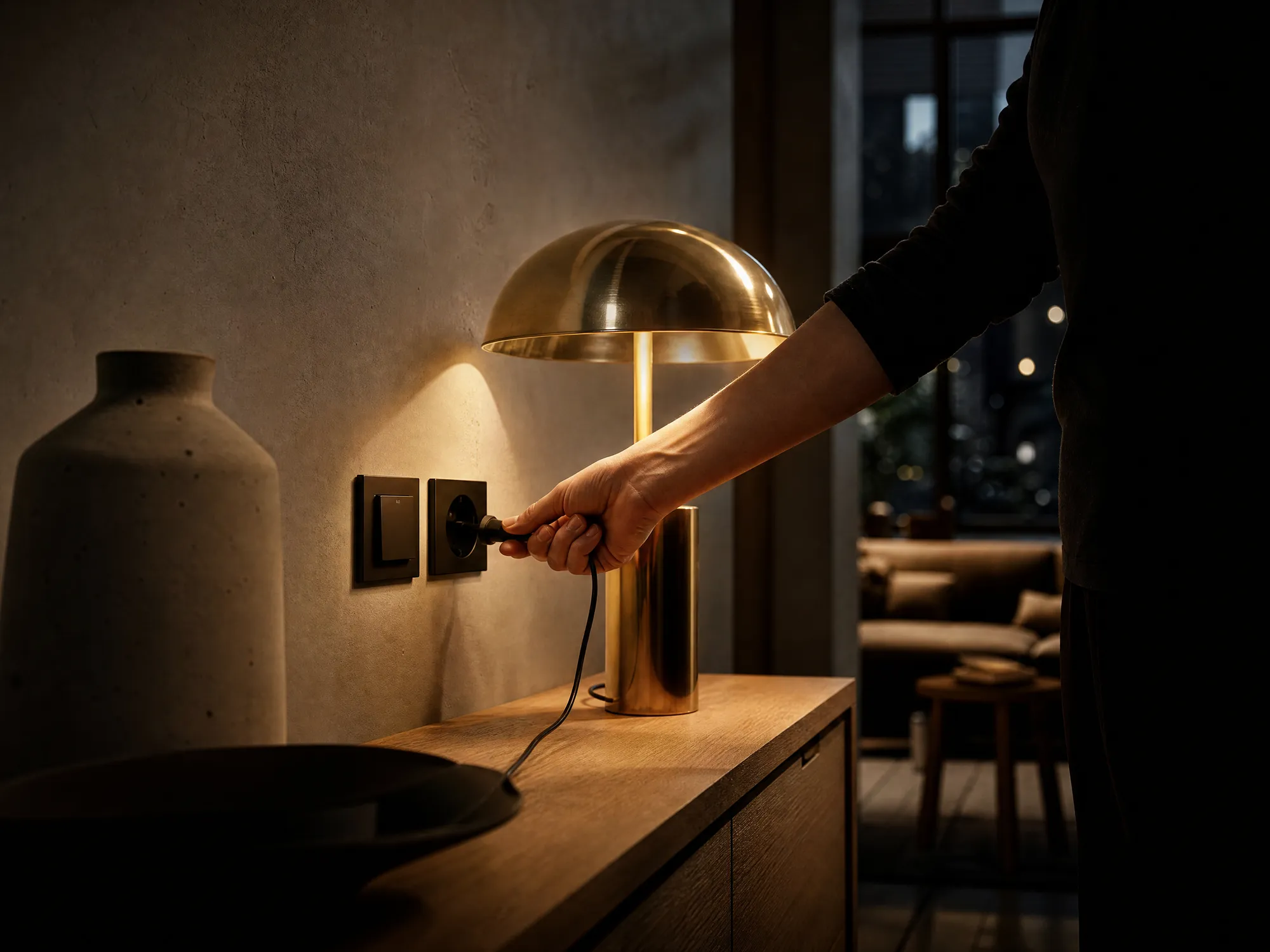 Zwart design-stopcontact en schakelaar op een kalkpleisterwand in een Antwerpse loft