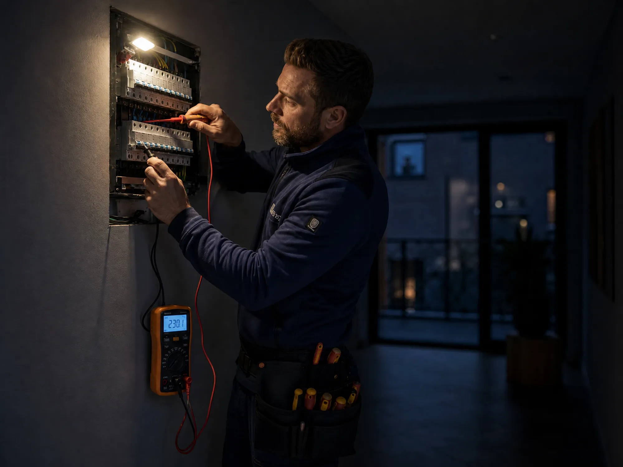 Elektricien meet met een multimeter aan een automaat om een stroomstoring op te sporen
