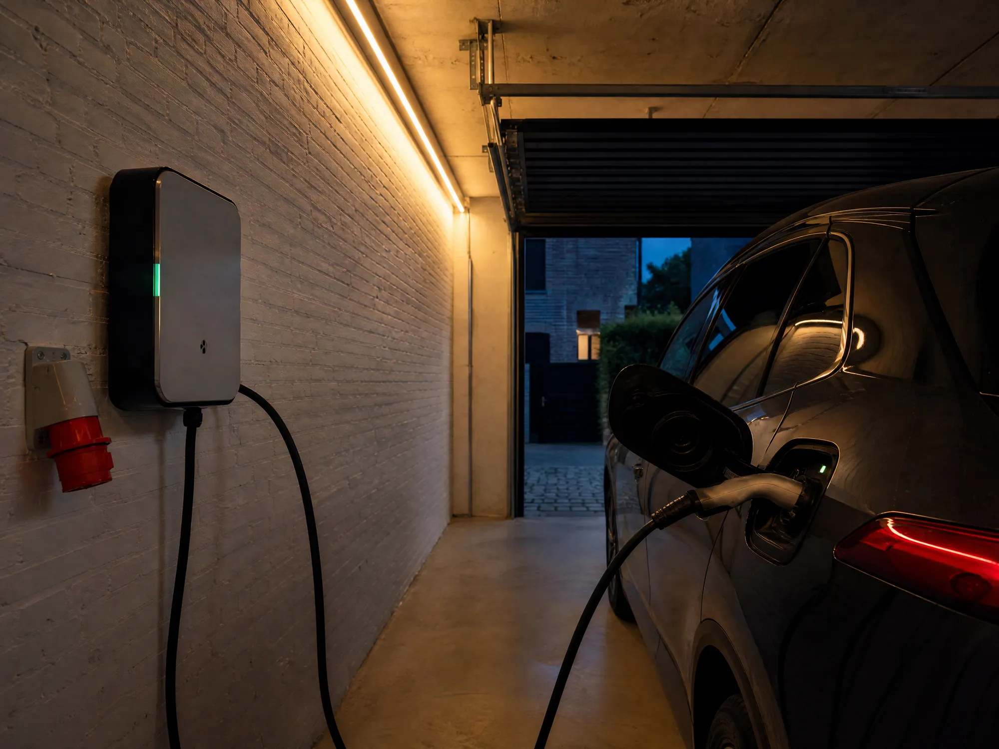 Laadpaal en driefasig stopcontact in een garage met een elektrische wagen aan de lader