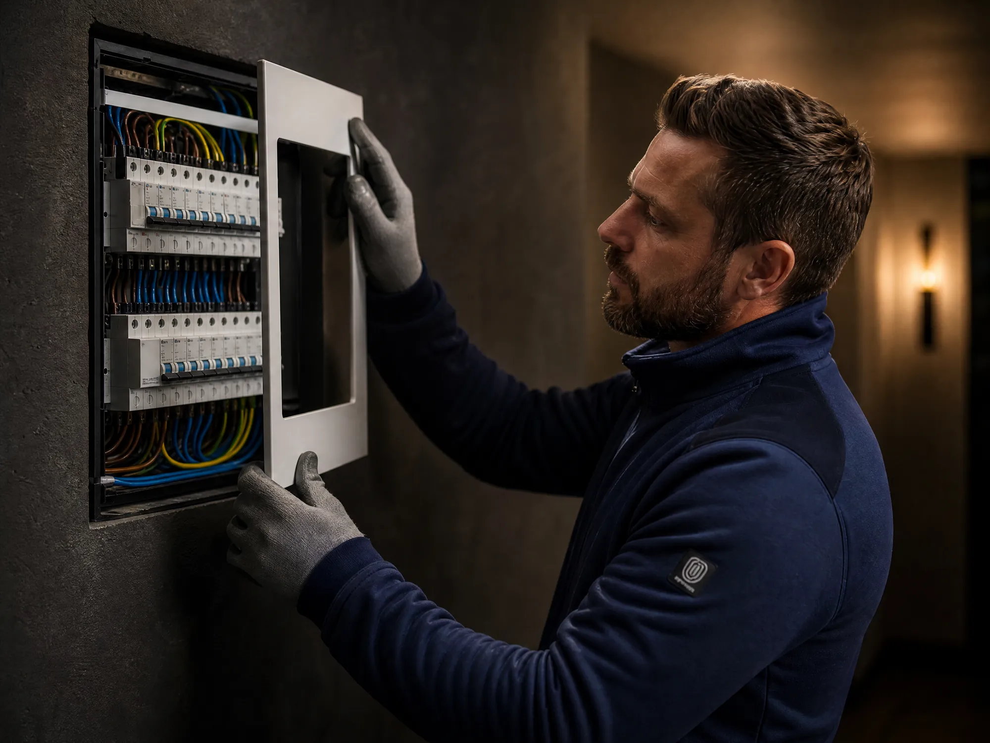Nieuwe, netjes bedrade zekeringkast in een woning in Antwerpen, de elektricien plaatst het frontpaneel
